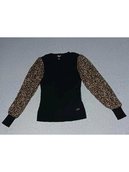 Dkny Sweaters - DKNY Bishop Sleeve Sweater Womens M Sheer black Leopard Print Sleeves Ribbed